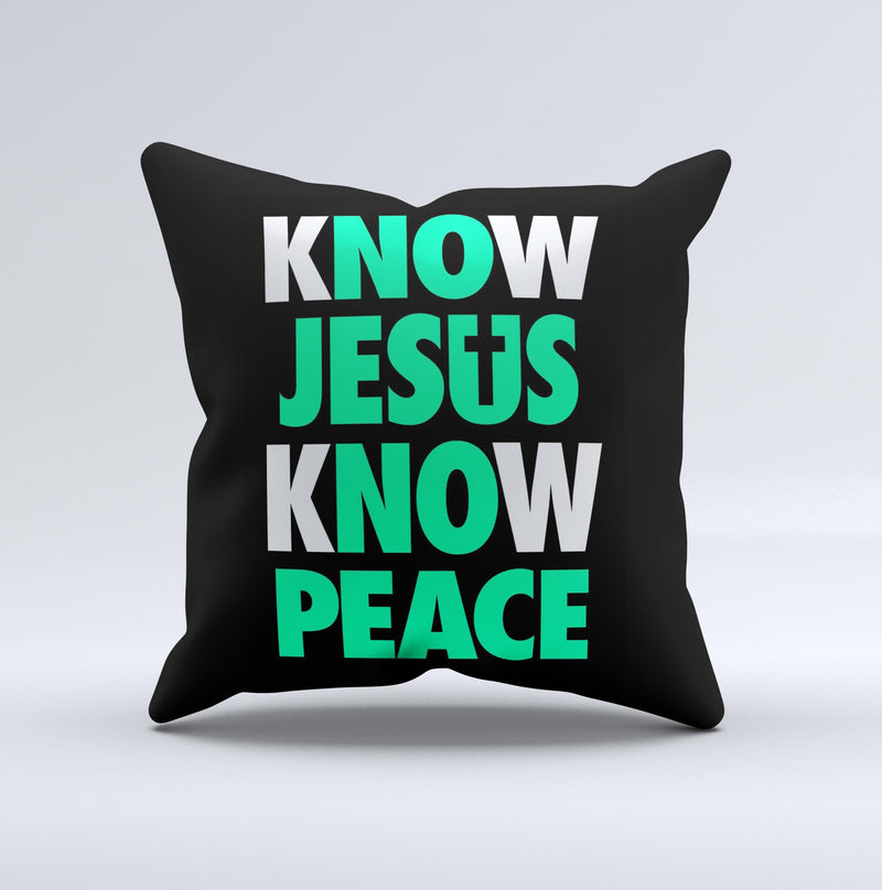Know Jesus Know Peace - White and Trendy Green v2 Over Black  Ink-Fuzed Decorative Throw Pillow
