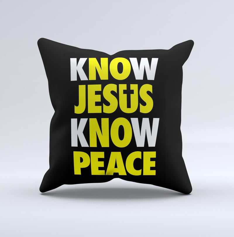 Know Jesus Know Peace - White and Yellow Over Black  Ink-Fuzed Decorative Throw Pillow