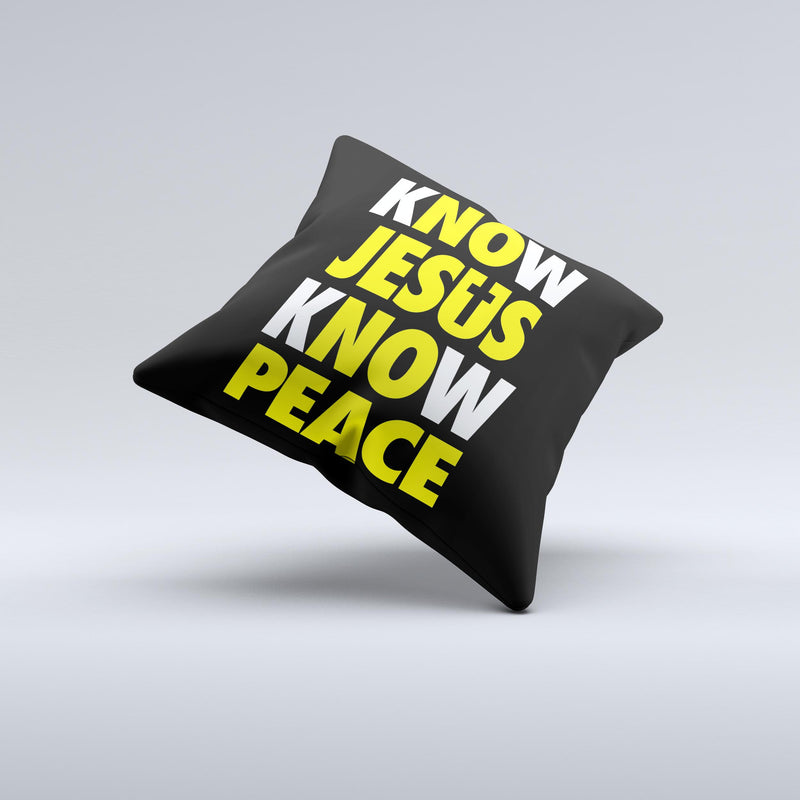Know Jesus Know Peace - White and Yellow Over Black  Ink-Fuzed Decorative Throw Pillow