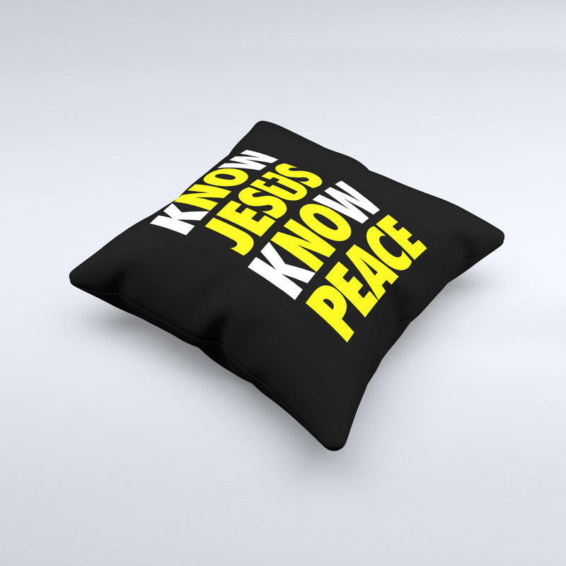 Know Jesus Know Peace - White and Yellow Over Black  Ink-Fuzed Decorative Throw Pillow