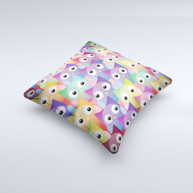 Multicolored Shy Owls Pattern  Ink-Fuzed Decorative Throw Pillow