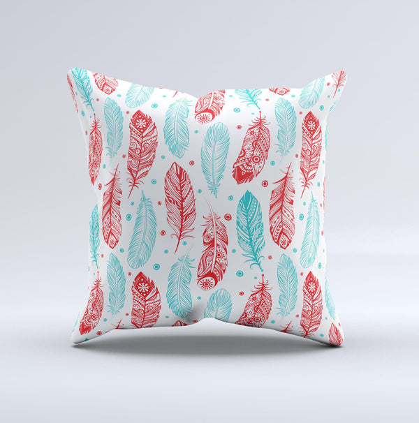 The Red & Blue Feather Pattern ink-Fuzed Decorative Throw Pillow