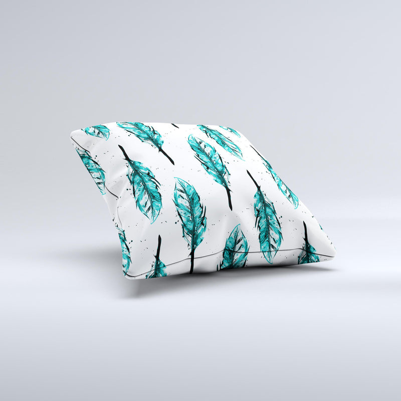 The Splattered Teal Watercolor Feathers ink-Fuzed Decorative Throw Pillow