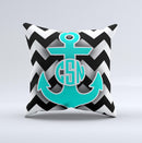 Teal Green Monogram Anchor on Black & White Chevron  Ink-Fuzed Decorative Throw Pillow