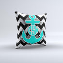 Teal Green Monogram Anchor on Black & White Chevron  Ink-Fuzed Decorative Throw Pillow