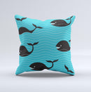 Teal Smiling Black Whale Pattern  Ink-Fuzed Decorative Throw Pillow