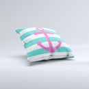 Teal Striped Pink Anchor  Ink-Fuzed Decorative Throw Pillow