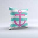 Teal Striped Pink Anchor  Ink-Fuzed Decorative Throw Pillow