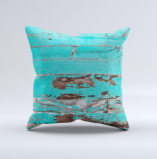The Turquoise Chipped Paint on Wood ink-Fuzed Decorative Throw Pillow