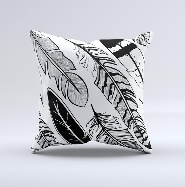 The Vector Black and White Feathers ink-Fuzed Decorative Throw Pillow