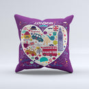 Vector Purple Heart London Collage Ink-Fuzed Decorative Throw Pillow