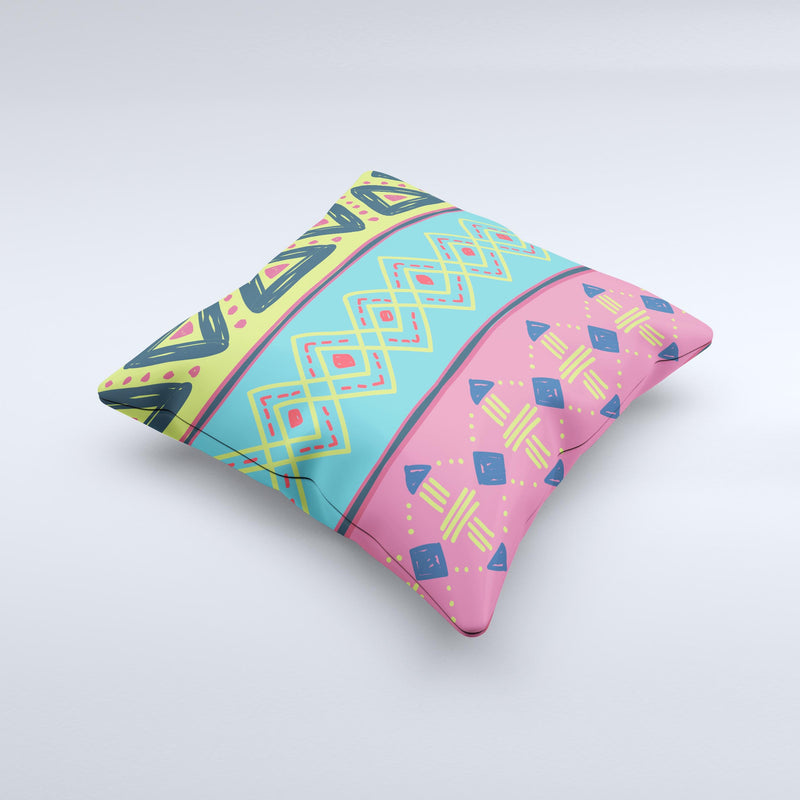 Vector Sketched Yellow-Teal-Pink Aztec Pattern Ink-Fuzed Decorative Throw Pillow