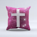 Vector White Cross v2 over Glowing Pink Nebula  Ink-Fuzed Decorative Throw Pillow