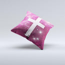 Vector White Cross v2 over Glowing Pink Nebula  Ink-Fuzed Decorative Throw Pillow