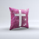 Vector White Cross v2 over Glowing Pink Nebula  Ink-Fuzed Decorative Throw Pillow