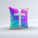 Vector White Cross v2 over Neon Color Fushion V2  Ink-Fuzed Decorative Throw Pillow