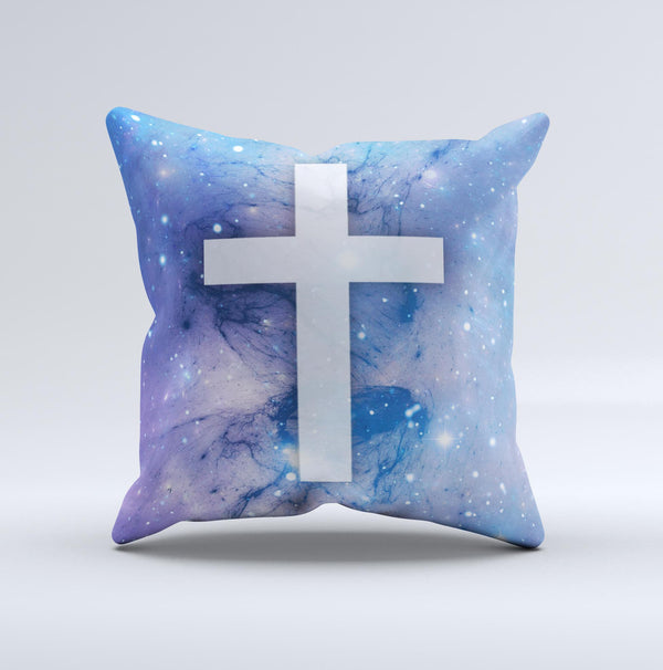Vector White Cross v2 over Purple Nebula  Ink-Fuzed Decorative Throw Pillow