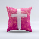 Vector White Cross v2 over Unfocused Pink Glimmer  Ink-Fuzed Decorative Throw Pillow