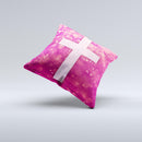 Vector White Cross v2 over Unfocused Pink Glimmer  Ink-Fuzed Decorative Throw Pillow