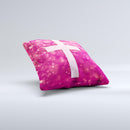 Vector White Cross v2 over Unfocused Pink Glimmer  Ink-Fuzed Decorative Throw Pillow