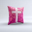 Vector White Cross v2 over Unfocused Pink Glimmer  Ink-Fuzed Decorative Throw Pillow