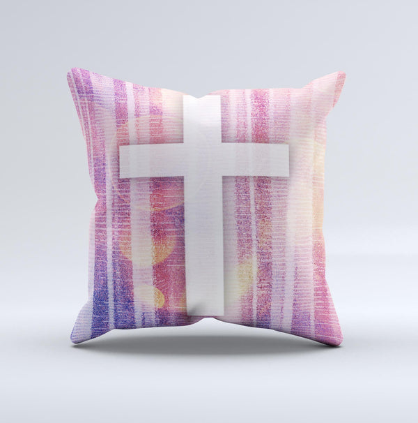 Vector White Cross v2 over Vibrant Fading Purple Fabric Streaks  Ink-Fuzed Decorative Throw Pillow