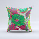 Vibrant Green & Coral Floral Sketched Ink-Fuzed Decorative Throw Pillow