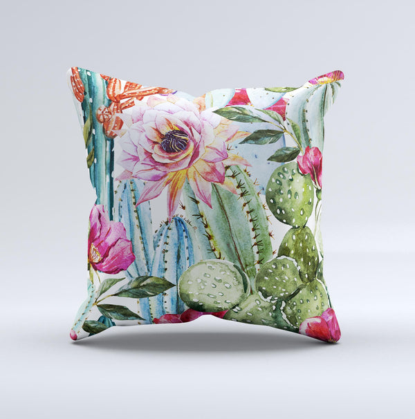 The Vintage Watercolor Cactus Bloom ink-Fuzed Decorative Throw Pillow
