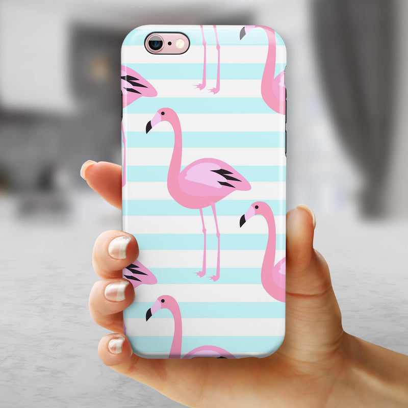 Pink Flamingos Over Blue Stripes iPhone 6/6s or 6/6s Plus 2-Piece Hybrid INK-Fuzed Case