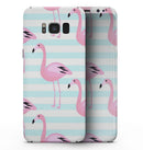 Pink Flamingos Over Blue Stripes - Samsung Galaxy S8 Full-Body Skin Kit