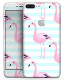 Pink Flamingos Over Blue Stripes - Skin-kit for the iPhone 8 or 8 Plus