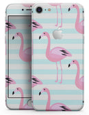 Pink Flamingos Over Blue Stripes - Skin-kit for the iPhone 8 or 8 Plus