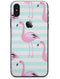 Pink Flamingos Over Blue Stripes - iPhone X Skin-Kit