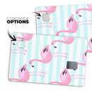 Pink Flaminogos Over Teal Stripes - Premium Protective Decal Skin-Kit for the Apple Credit Card