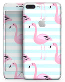 Pink Flaminogos Over Teal Stripes - Skin-kit for the iPhone 8 or 8 Plus