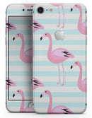 Pink Flaminogos Over Teal Stripes - Skin-kit for the iPhone 8 or 8 Plus