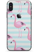 Pink Flaminogos Over Teal Stripes - iPhone X Skin-Kit