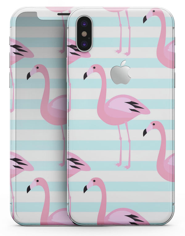 Pink Flaminogos Over Teal Stripes - iPhone X Skin-Kit