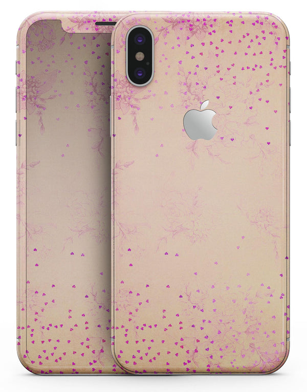 Pink Micro Hearts Over Vintage Floral - iPhone X Skin-Kit