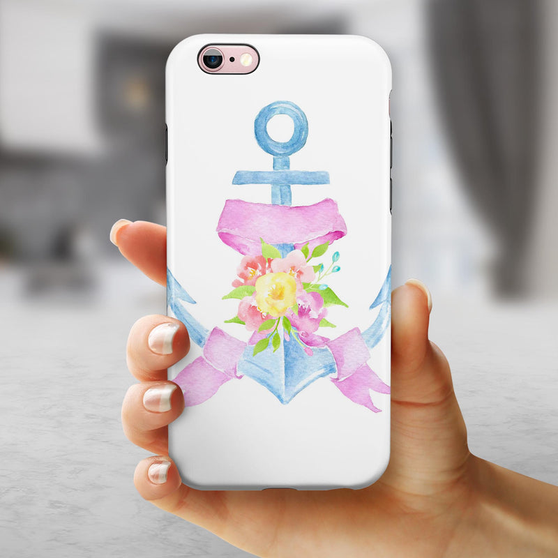Pink Watercolor Ribbon Over Anchor iPhone 6/6s or 6/6s Plus 2-Piece Hybrid INK-Fuzed Case