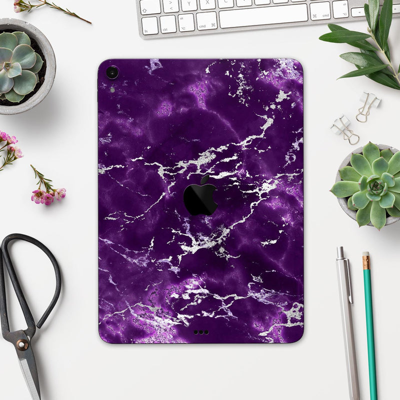 Purple Marble & Digital Silver Foil V7 - Full Body Skin Decal for the Apple iPad Pro 12.9", 11", 10.5", 9.7", Air or Mini (All Models Available)