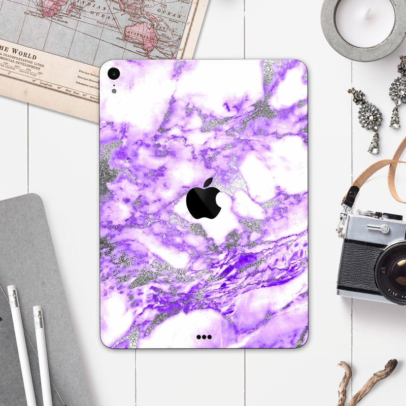 Purple Marble & Digital Silver Foil V9 - Full Body Skin Decal for the Apple iPad Pro 12.9", 11", 10.5", 9.7", Air or Mini (All Models Available)