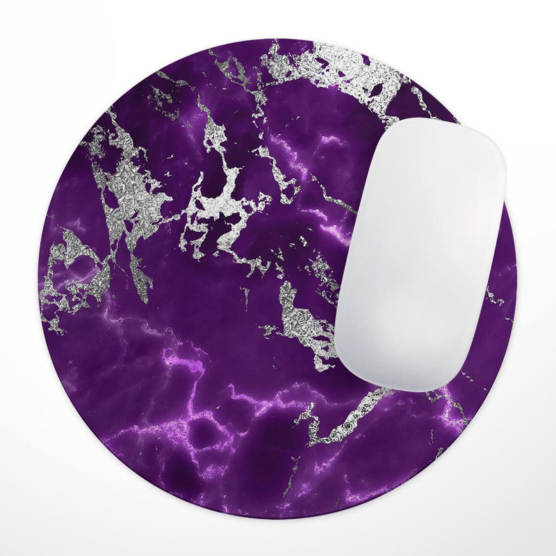 Purple Marble & Digital Silver Foil V2// WaterProof Rubber Foam Backed Anti-Slip Mouse Pad for Home Work Office or Gaming Computer Desk