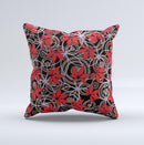 Red Icon Flowers on Dark Swirl ink-Fuzed Decorative Throw Pillow