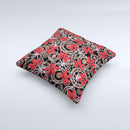 Red Icon Flowers on Dark Swirl ink-Fuzed Decorative Throw Pillow