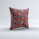Red Icon Flowers on Dark Swirl ink-Fuzed Decorative Throw Pillow