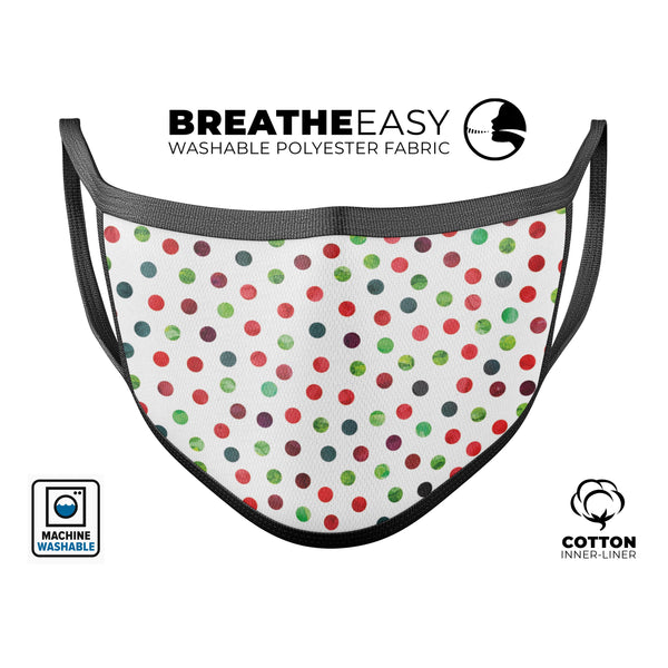 Red and Green Watercolor Dots over White - Made in USA Mouth Cover Unisex Anti-Dust Cotton Blend Reusable & Washable Face Mask with Adjustable Sizing for Adult or Child