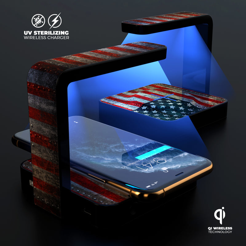 Riveted Metal American Flag USA UV Germicidal Sanitizing Sterilizing Wireless Smart Phone Screen Cleaner + Charging Station