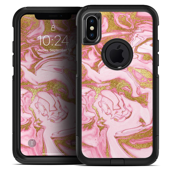 Rose Pink Marble & Digital Gold Frosted Foil V17 - Skin Kit for the iPhone OtterBox Cases