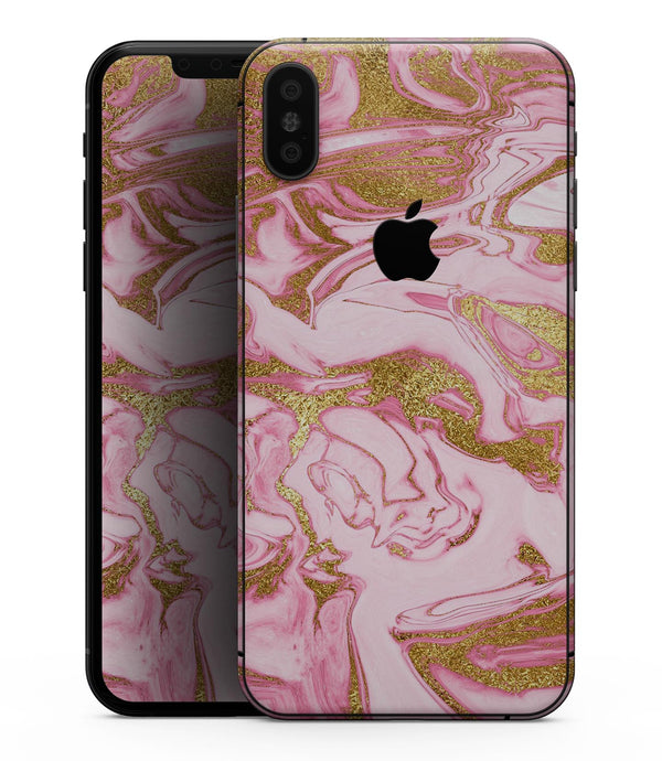 Rose Pink Marble & Digital Gold Frosted Foil V17 - iPhone XS MAX, XS/X, 8/8+, 7/7+, 5/5S/SE Skin-Kit (All iPhones Available)